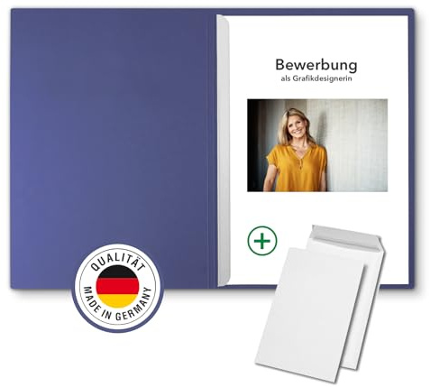 10 Stück 2-teilige Bewerbungsmappen Blau mit 1 Klemmschiene in feinster Lederstruktur - inkl. 10 Versandumschläge in Weiß GRATIS - hochwertige Prägung „BEWERBUNG“