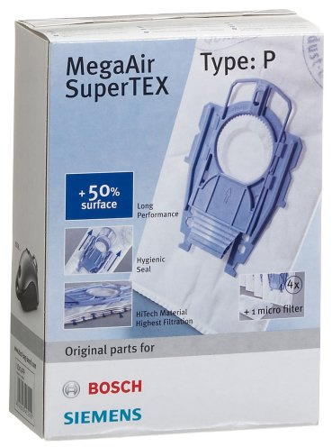 Siemens 4x Staubsaugerbeutel Typ P und 1x Microfilter MegaAir SuperTEX VZ41AFP, 99,9% Feinstaubfilterung, höhere Reinigungsleistung, passend für Siemens VS08