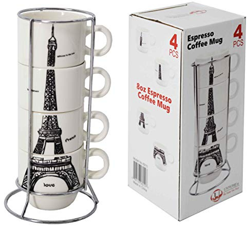UNIWARE 6910 Chic Torre Eiffel Paris Stacking porcelana Expresso taza de café con marco de acero inoxidable (juego de 4)