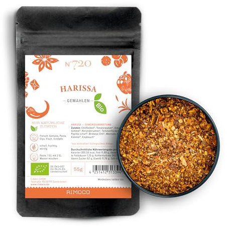 Rimoco N°720 Bio Harissa Gewürzmischung - Traditionell, feurige, nordafrikanische Würzmischung | Schärfegrad: 3 von 5 | Bio Anbau (DE-ÖKO-007) | 55g in Kraftpapier Zip Frische-Beutel