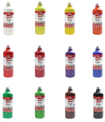 Scola Readymix Water Based Tempera Paint, 12 Assorted Bright Colours, 600ml Bottles, Safe Non-Toxic Poster Paints, Craft Projects, Suitable for 3+