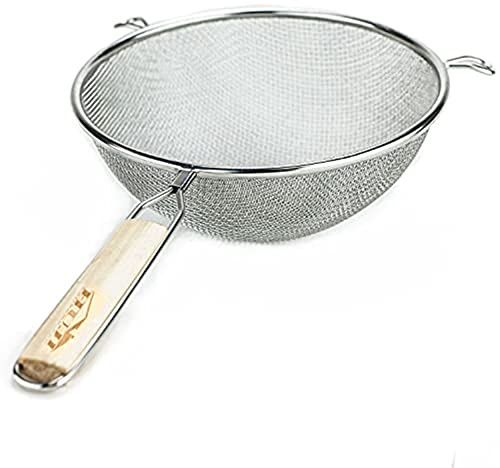 Huji 8-Inch Stainless Steel Double Mesh Food Strainer Colander - Fine Sieve Sifter with Wooden Handle for Kitchen Cooking, Pasta, Rice, Noodles, and More