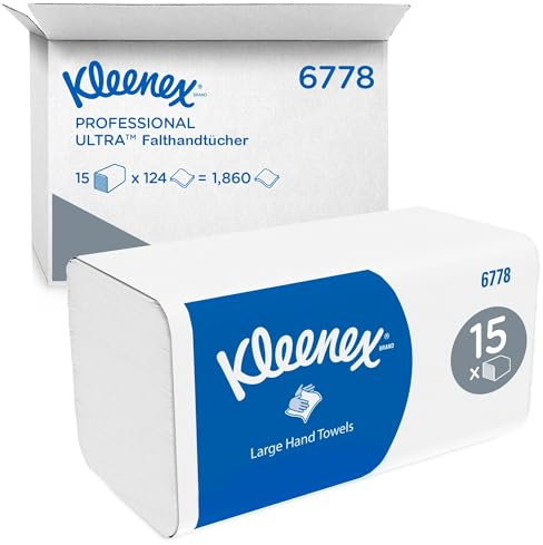 Kleenex Ultra große Papierhandtücher mit Interfold Faltung 6778, 2-lagige Papiertücher mit V-Faltung, mit Airflex Technologie und FSC-Papier, sanfte Einmal-Papierhandtücher für ein effektives Händetrocknen, 15 Packungen x 124 Handtücher (1.860 Falthandtücher)