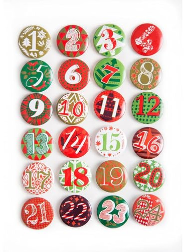 Adventskalender-Zahlen Buttons, 24er Set: Kleine Metall-Anstecker mit Nadel, Adventskalenderzahlen 1 bis 24, Zubehör zum Basteln, Weihnachten & Advent, Für Taschen & Geschenke, Rot & Grün, Ø 2,5 cm