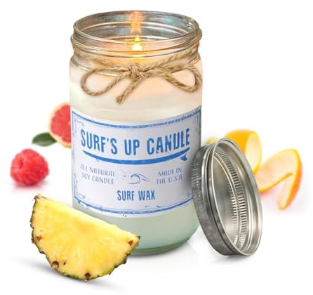 Surf's Up Candle Surf Wax | Original Collection 16oz Mason Jar | Single Wick Organic Soy Wax Candle | Long Lasting | 80-100 Hours of Burn Time | Perfect for Home, Gifts | Handpoured in USA |