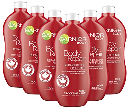 Garnier Feuchtigkeitscreme, Reparierende Body-Milk für intensive Feuchtigkeitspflege mit Micro-Ahornsaft, für sehr trockene Haut, dermatologisch getestet, Garnier BodyRepair, 6 x 400ml