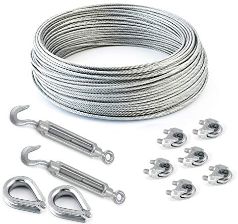 DQ-PP Stahlseil SET 5 | 6mm 6x19 weich | 50 Meter | Stahl verzinkt | 2x Kauschen 6mm | 2x Spannschloss Haken-Öse M5 | 6x Seilklemmen Bügel 6mm | Drahtseil für Rankhilfe Seil Stahl Draht