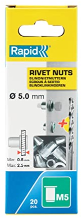 Rapid Nietmuttern M5, 0,5-2,5mm Klemmbereich, 20 Stk. Gewindenieten Stahl, Set inkl. Bohrer, für Nietmutternzange
