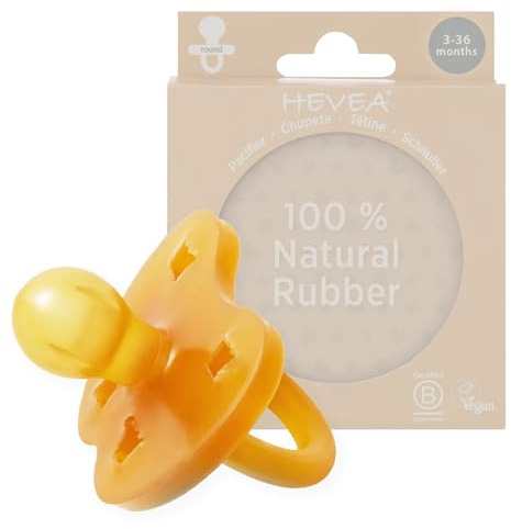 HEVEA Naturkautschuk Schnuller RUND Form, 3-36 Monate - Hygienisches Einteiliges Design für Neugeborene bis Kleinkinder, BPA-frei, Weich & Langlebig - Einzelpackung (Natürlich)