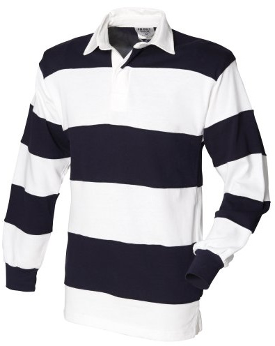 Front Row Sewn Stripe Long Sleeve Sports Rugby Polo Shirt (L) (White & Navy (White collar))
