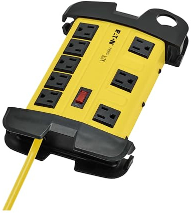 Tripp Lite Eaton TLM815NS Heavy Duty Power Strip, Safety Yellow Metal Housing, 6 Outlets, 15 Foot / 4.5 Meter Cord with Cable Wrap Slots, Keyhole Mounting Slots, Industrial Garage Work Shop Bench