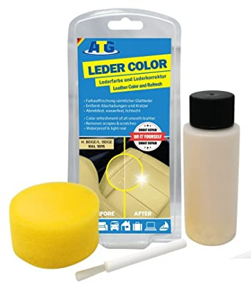ATG® Lederfarbe Hellbeige – Premium Pflege für Autositze & Sofa – Hochwertiges Set inkl. Pinsel & Schwamm – Autoaufbereitung für maximale Eleganz – sofortige Farbauffrischung & Glanzpflege