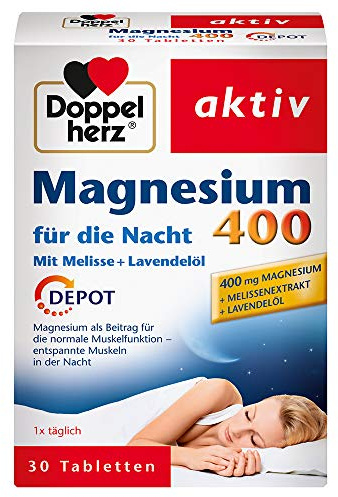 Doppelherz Magnesium 400 für die Nacht mit Melisse und Lavendelöl – Magnesium zur Unterstützung der normalen Muskel- und Nervenfunktion – 1 x 30 Tabletten