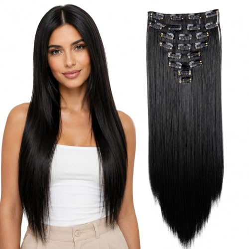 CAISHA XXL 50cm 8 delar set CLIP IN EXTENSIONS Hårförlängning Hårstycke Rak Svart CES100
