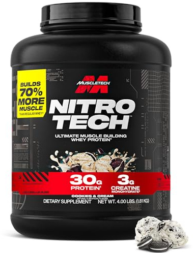 Whey Protein Pulver, MuscleTech Nitro-Tech Whey Protein Isolate & Peptides, Eiweißpulver für den Muskelaufbau, Proteinpulver für Männer und Frauen, Cookies and Cream, 1.81 kg (40 Portionen)