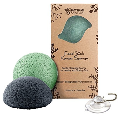 AMAKI SKINCARE Konjac Sponge Facial Cleanser with Added Green Tea and Activated Bamboo Charcoal-Sensitive to Oily and Acne Prone Skin Gentle Face Scrub, Face Sponges for Cleansing and Exfoliating