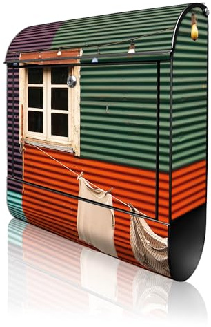banjado Design Briefkasten 38,5x46,5x13cm & 2 Schlüssel - Briefkasten Stahl Schwarz mit Zeitungsfach pulverbeschichtet - Postkasten A4 Einwurf inkl. Montagematerial - Motiv Buntes Haus