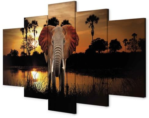 Cuadros B&D XXL - Cuadro en Lienzo Animales 200x100 cm 5 Piezas - Impresión en Material Tejido no Tejido Cuadros Decoracion Salon Modernos lienzos Decorativos - Paisaje Africa Elefante g-C-0024-b-m