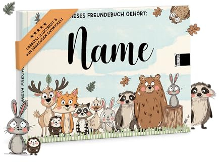 Rundfux Freundebuch für Kinder mit Waldtieren, DIN A5, Kindergarten-Album mit süßen Illustrationen, Geschenk zur Einschulung