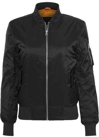 Urban Classics Damen Basic Bomber Jacket – Klassische Übergangsjacke im Regular Fit mit Ärmeltasche, Reißverschluss und kontrastfarbenem Innenfutter für Streetwear & Freizeit,Schwarz,L