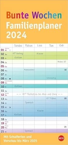 Bunte Wochen-Familienplaner 2024. Praktischer Wandplaner mit 5 Spalten. Familien Wandkalender mit Schulferien und 3-Monats-Ausblick. Terminkalender 2024.