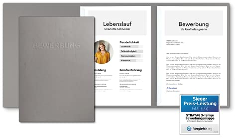Bewerbungsmappe einzeln Grau 3-teilig mit 2 Klemmschienen in feinster Lederstruktur (1 Stück)