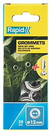 Rapid Ösen Set 12 mm mit Scheiben inkl. Einschlagwerkzeug | Mit Einschlagwerkzeug; 12 mm Durchmesser; 25 Stück; mit Scheibe; Silber; aus Stahl; für Planen & Stoffe