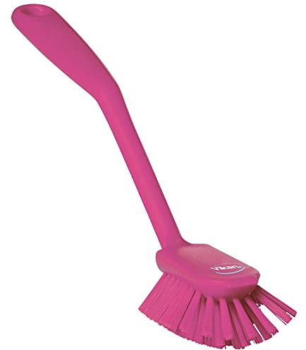 Vikan - Hygiène - Brosse à Vaisselle - avec Bord de raclage - Fibres Moyennes - Rose