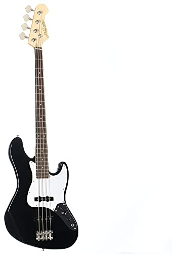 J & D E-Bass, Elektrische Bass Gitarre mit 4 Saiten und Linde Korpus, JB Bass mit 2 Single Coil Tonabnehmern und passiver Elektronik, Black