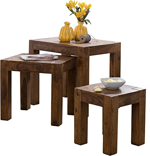 FineBuy 3er Set Satztisch Massivholz Sheesham Wohnzimmertisch Beistelltisch braun Naturholz Couchtisch Echtholz Anstelltisch