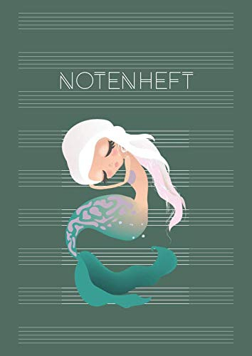 Notenheft: DIN A4 Blanko Musiknotensystem mit Register | Musik Noten für Schule, Unterricht & Hobby | große Lineatur für Anfänger - Motiv: Meerjungfrau II