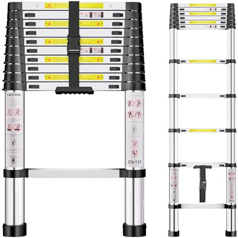 Telescopic Ladder, 3.2M Stainless Steel Loft Ladder with Non-Slip Feet and Triangle Support, Portable Ladders Extendable Thickened High-Strength, Ladders for Roof Attic Caravans