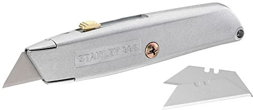 Stanley Cutter-Messer/Teppichmesser 99E, mit einziehbarer Klinge, 155mm Klingenlänge, robustes ergonomisches Gehäuse aus Zinkdruckguss, 5-Positionen-Klinge, InterLock, inkl. Ersatzklingen, 2-10-099