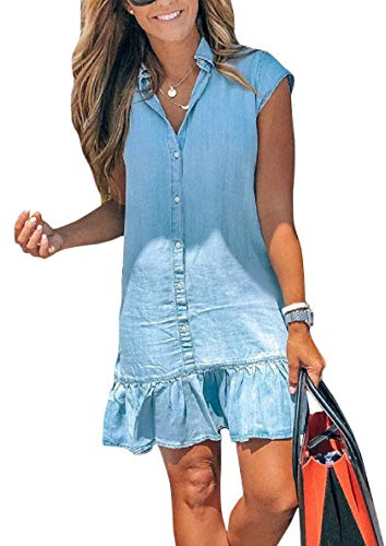 ORANDESIGNE Robe Été Femme De Plage Rétro Denim Robes Col V Casual Tuniques Ample Bouton Chemise Longue Chemisier en Jean Mini Robe E Bleu Clair XXL