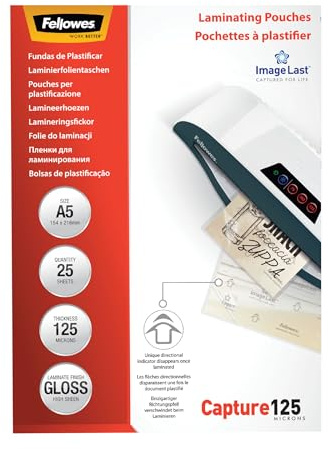 Fellowes Pochette Plastifieuse A5 125 Microns 25 Feuilles Plastifieuse A5 Technologie ImageLast Finition Brillante Aspect Haute Qualité Notices Photos Affiches Loisirs Créatifs Capture 125