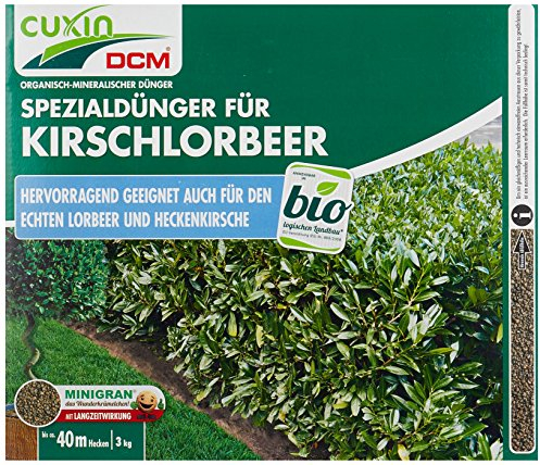 CUXIN DCM Spezialdünger für Kirschlorbeer - Spezialdünger - Langzeitdünger - Mit MINIGRAN® TECHNOLOGY - Für gesundes Wachstum - Bio - organisch-mineralischer Dünger-3 kg