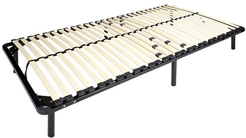 Metallbett Lattenrost 90x200 cm mit 28 Federholzleisten und Mittelzonenverstellung, Gästebett auf Füßen, Saugroboter und Unterbettbewahrung Freundlich - 28cm hoch - für alle Matratzen geeignet