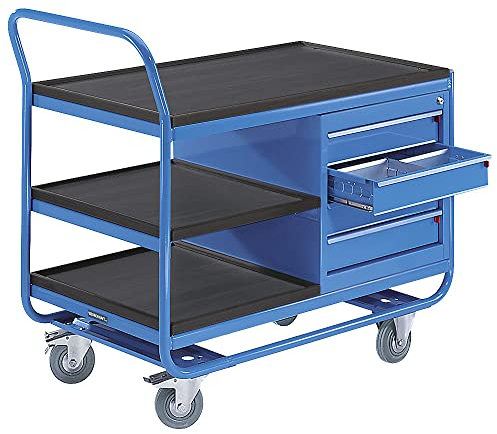 eurokraft | Industrie-Tischwagen | 3 Etagen | 1 Schubladenschrank | Vollgummireifen spurlos