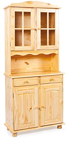 Inter Link – Vitrinenschrank - Küchenschrank - Geschirrschrank - Esszimmerschrank – Vitrine – Standvitrine - Landhausstil - Kiefer Massivholz – 2 Türig – Alicante - Natur lackiert