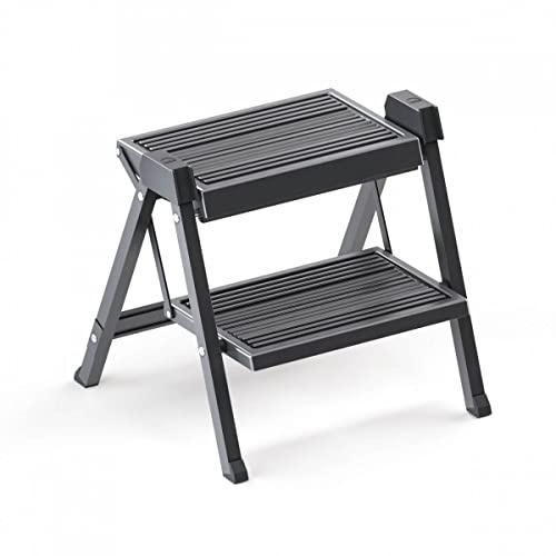 Hailo Klappleiter 4410001 Stepfix 2-stufig schiefergrau Trittleiter | Klapptritt mit Wandhalter | kompakt und sicher | Tragkraft bis 150 kg | Stabil und leicht faltbar