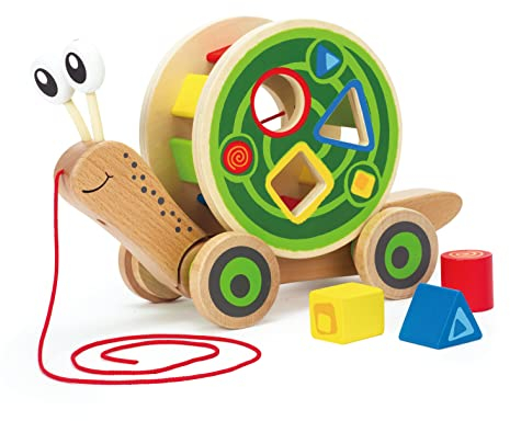 Hape Schnecke Ziehspielzeug |Preisgekrönt Kleinkind Schiebe- und Ziehspielzeug aus Holz mit abnehmbarem Schneckenhaus und Buntem Formensortierer, lustiges Lernspielzeug für Kinder