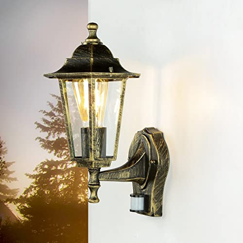 Licht-Erlebnisse Außenwandleuchte mit Bewegungsmelder Glas Aluminium in Gold Antik IP44 Balkon B:17 cm E27 Laterne nostalgische Sensor Wandlampe PARIS