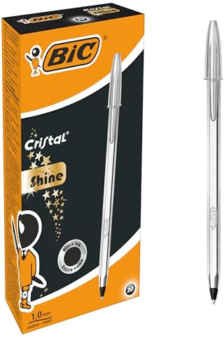 BIC Cristal Shine Bolígrafos Punta Media (1,0 mm) - Tinta Negra y Cuerpo Plateado, Caja de 20 Unidades, ideal para uso diario