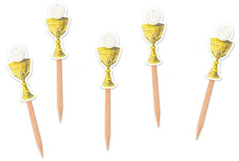 Big Party- Conf. 25 Picks Stuzzicadenti Comunione Calice, Colore Bianco e Oro, 13983