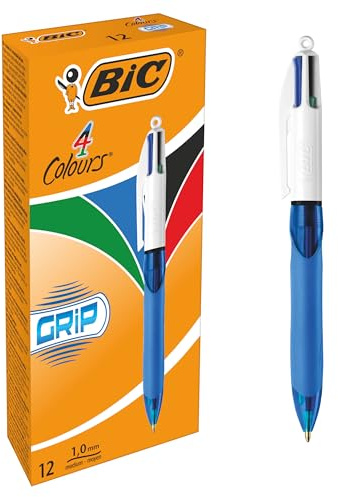 BIC 4 Farben Kugelschreiber Set 4 Colours Grip, mit gummierter Griff-Fläche, 12er Pack, Ideal für das Büro, das Home Office oder die Schule