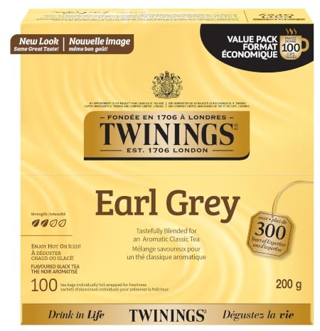 Twinings of London Earl Grey Black Tea Bags, 100 Count | Classic Tradition, Black Tea with Citrus, Naturally Caffeinated, 100 Foil Lined Individually Wrapped Bags, Enjoy Hot or Iced