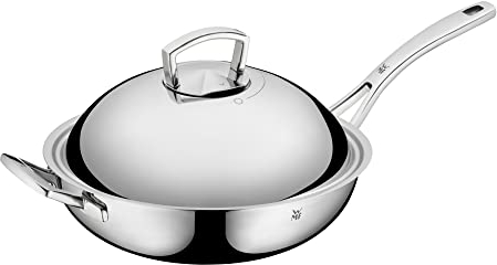 WMF Multiply Wokpfanne 32 cm, Wok Induktion unbeschichtet, Metalldeckel mit Wrasenabzug, Mehrschichtmaterial, Cromargan Edelstahl, Alumiuniumkern