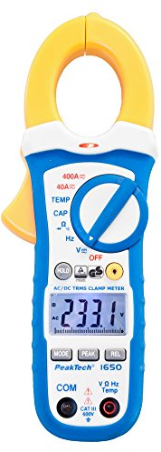 PeakTech 1650 – True RMS Stromzange 400A AC/DC, Digital Multimeter, Zangenmessgerät, TÜV/GS, Strommesszange, 4000 Counts, Berührungsloser Spannungsmesser, Strommessgerät, Durchgangsprüfer - Max. 600 V, P 1650, Blau, Gelb, Weiß