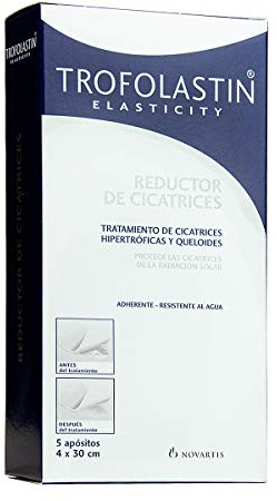 Trofolastin, Reductor de Cicatrices, Apósitos Adhesivos para Cicatrices Hipertróficas y Queloides, Quemaduras y Cortes, Tamaño 4x30cm, 5 Unidades