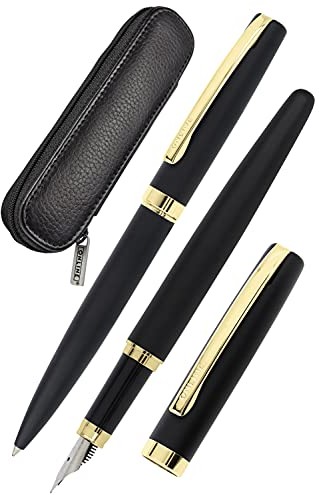ONLINE Schreib-Set Eleganza, Farbe Schwarz & Gold enthält Kugelschreiber, Füllhalter, Echt-Lederetui, 3-teilig, in hochwertiger Geschenkbox, Füller für Standardpatronen, Kulli mit Großraummine G2